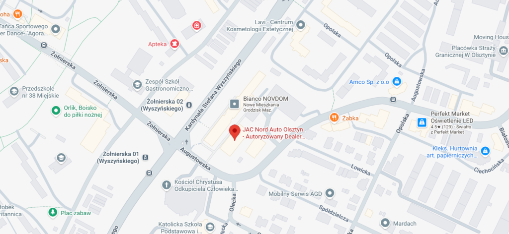 Mapa dojazdu do dealera JAC w Olsztynie